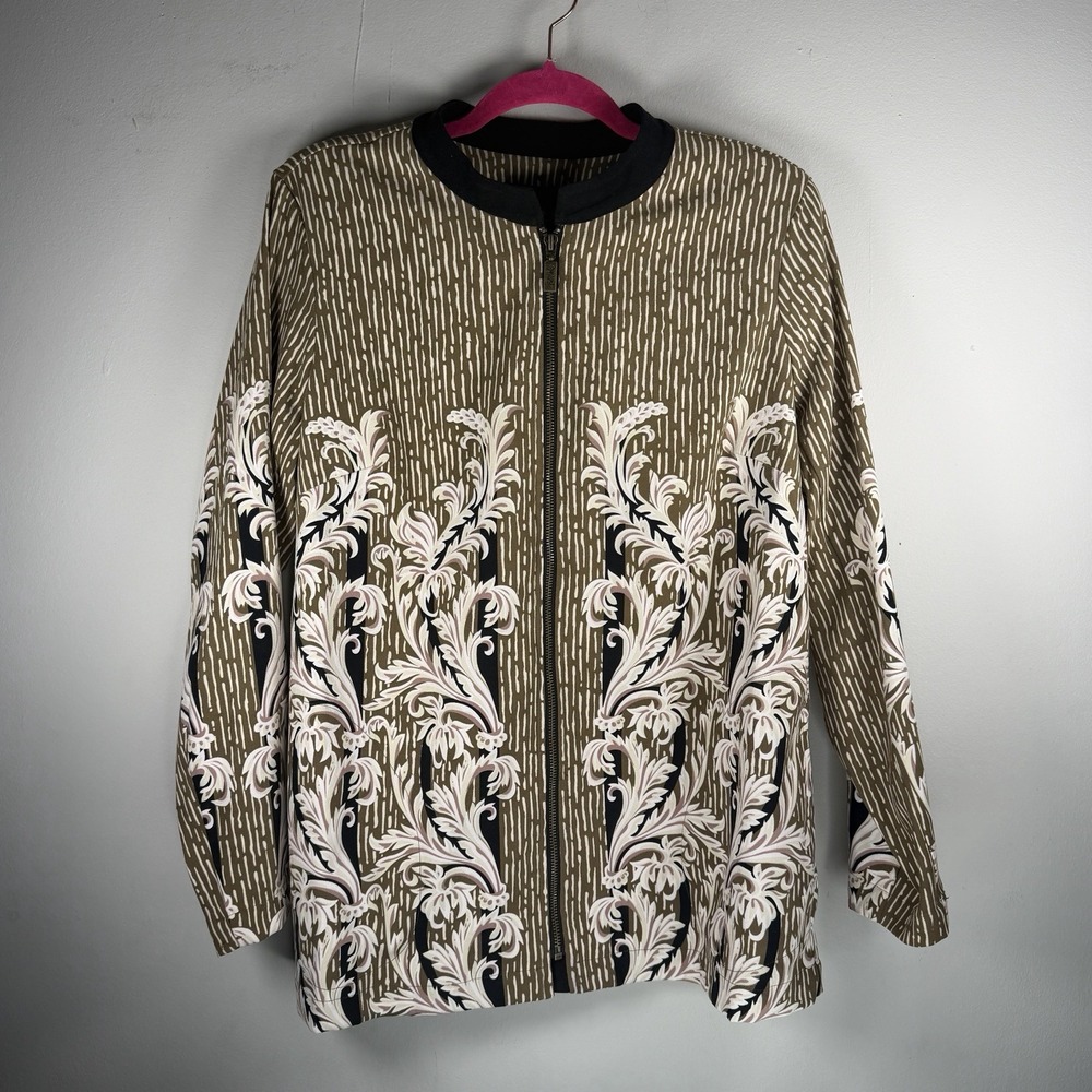 Bob Mackie Wearable Art Jacket Med Brown Beige Black Floral Scroll Zip Women's